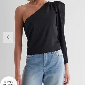 NWT Never Worn Express Black Satin One Shoulder Puff Sleeve Top